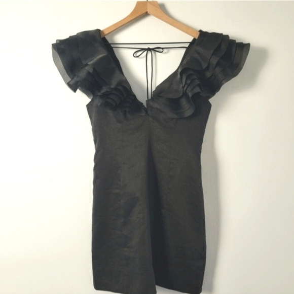 NWT Aje Dress Charmed Plunge Ruffle Mini Black 6 Evening Holiday Vacation - Picture 5 of 16